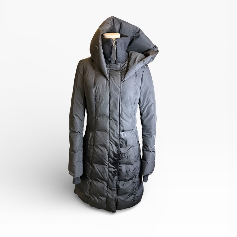 Mackage Black Down Parka Leather Trim Merino Wool Cashmere Collar Hooded Coat S - Picture 2 of 13